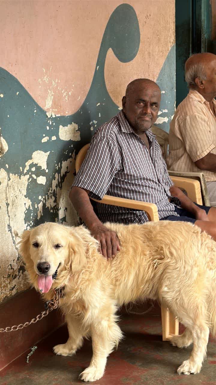 An elderly resident resting his hand on a leashed golden retriever standing beside his chair
