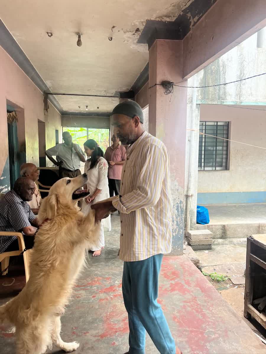 A golden retriever standing on its hind legs with its paws in a volunteer's hands while residents watch from the corridor